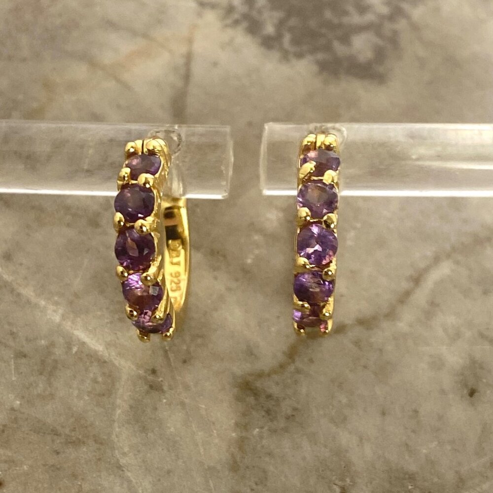 Gold Vermeil Sterling Silver 925 DBJ Round Amethyst Small Huggie Hoop Earrings - Picture 11 of 16